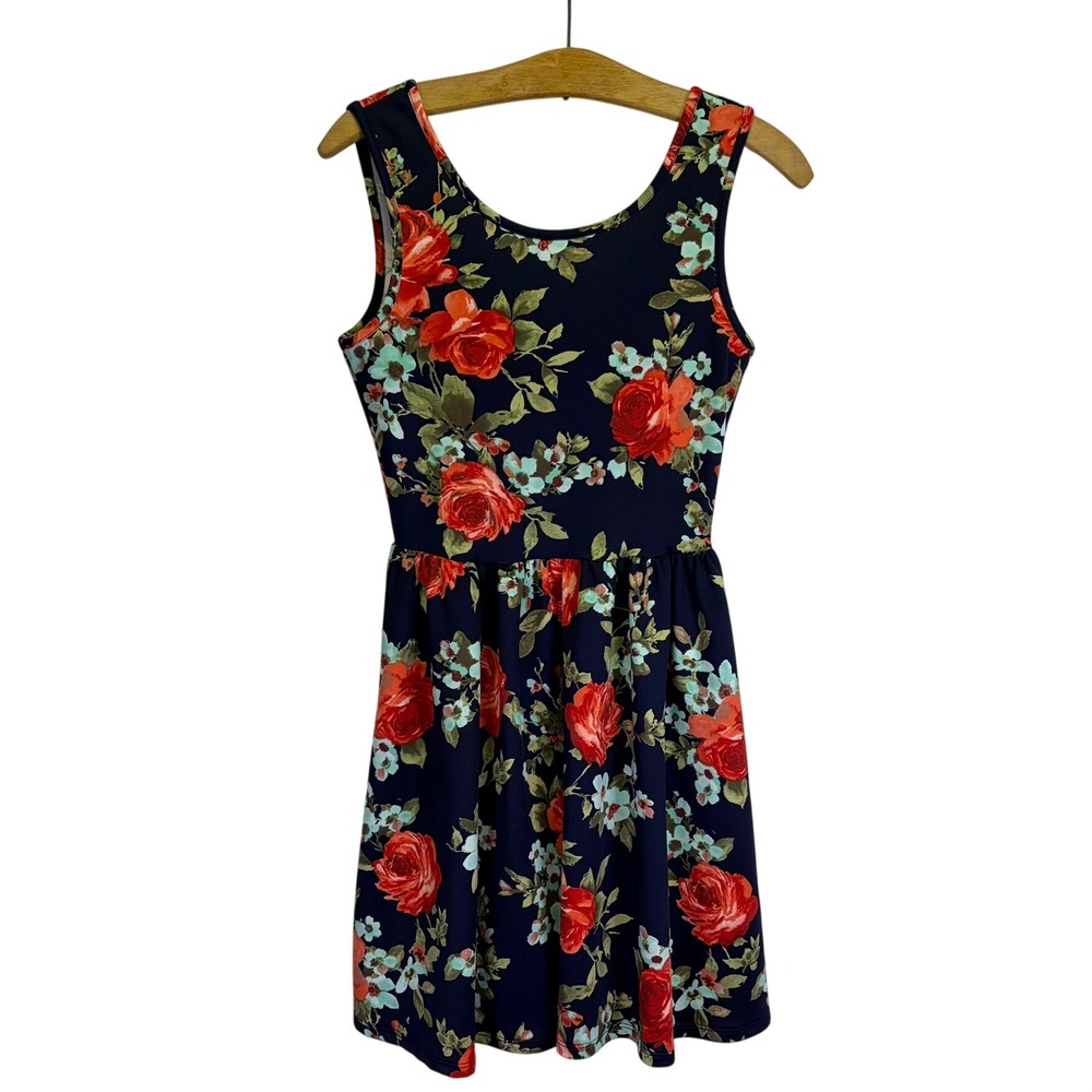 Crystal Doll Floral Fit & Flare Dress Womens XXS Navy Coral Whimsical Going Out